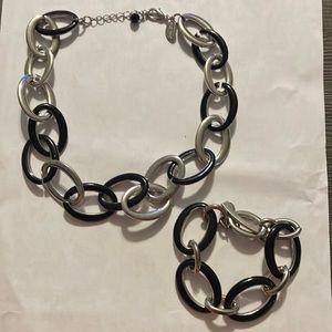 White House Black Market Necklace & Bracelet Silver & Black Enamel Chunky Link